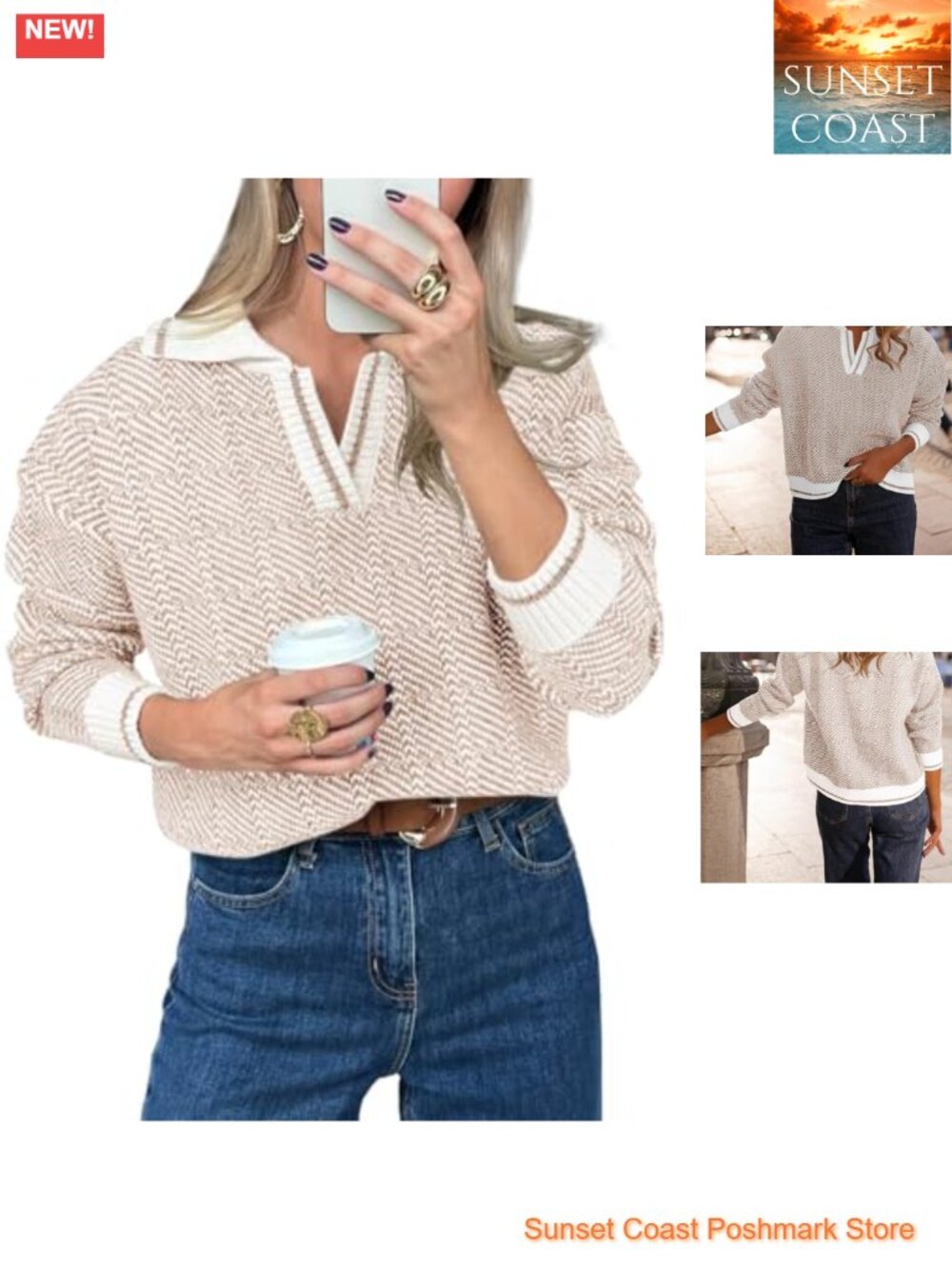Saodimallsu Women's Fall Knit Sweater V Neck Color Block Pullover